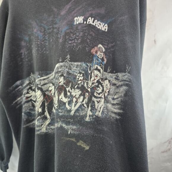 Vintage Sweatshirt Womens Large Black Husky Dog Sled Tok Alaska Nature Forest - Picture 4 of 11